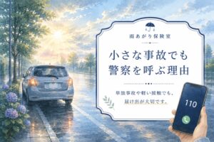 雨上がりの道路と保険案内