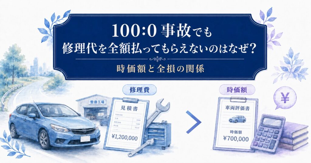 100:0事故でも修理代を全額払ってもらえない理由を、修理費と時価額の比較で示した画像