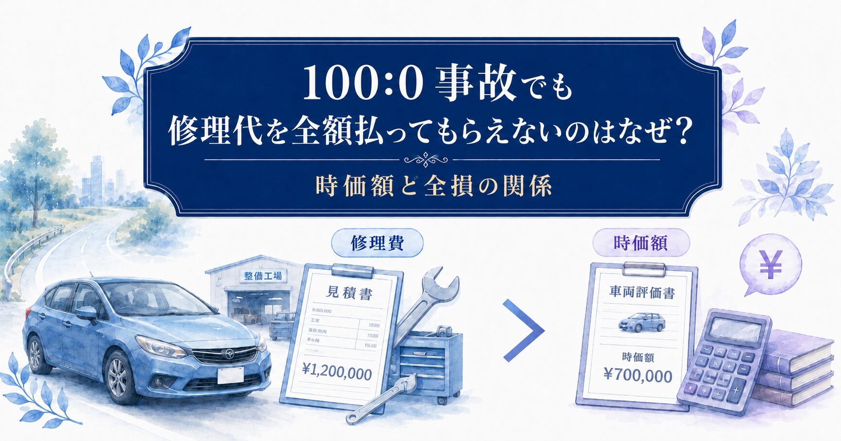 100:0事故でも修理代を全額払ってもらえない理由を、修理費と時価額の比較で示した画像