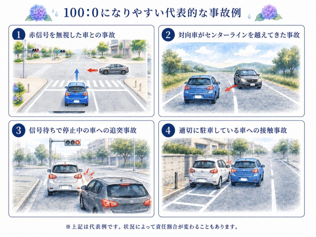 100:0になりやすい交通事故の代表例。赤信号無視、センターラインオーバー、信号待ちで停止中の車への追突、適切に駐車している車への接触。